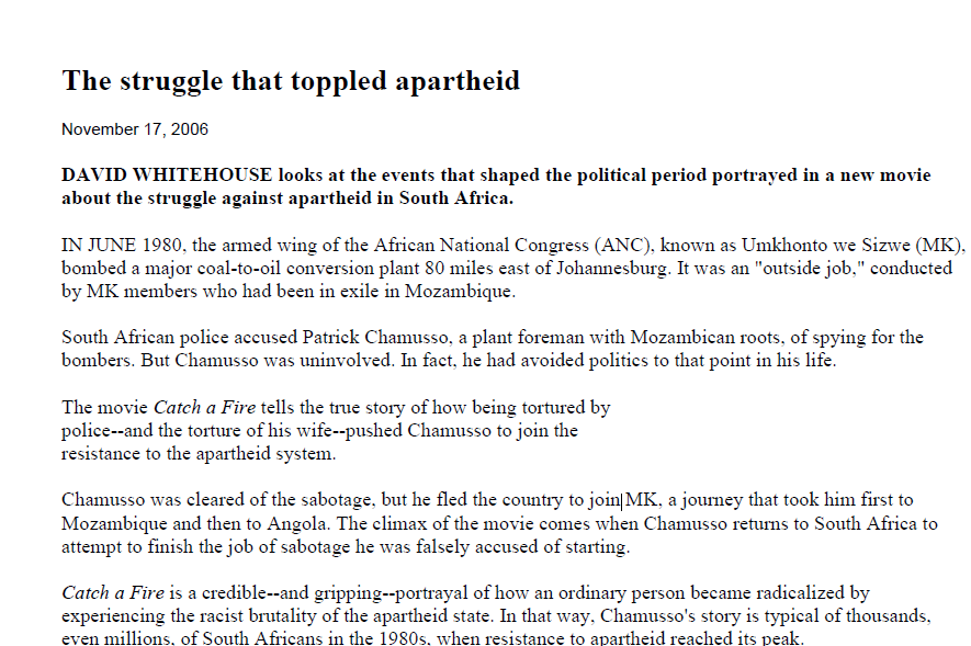 The struggle that toppled apartheid, by David Whitehouse, 17 November 2006